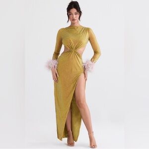 NWOT HOUSE OF CB Dress with Feather Accents